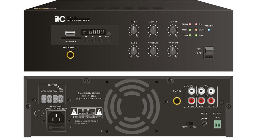 Amply ITC T-B120 kèm mixer, công suất 120W - Hỗ trợ MP3, TUNER, Bluetooth | Sản phẩm chính hãng