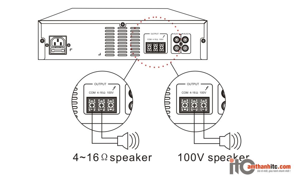 Sơ đồ nối loa vớii amply MP3 T-B20, T-B40 và T-B60